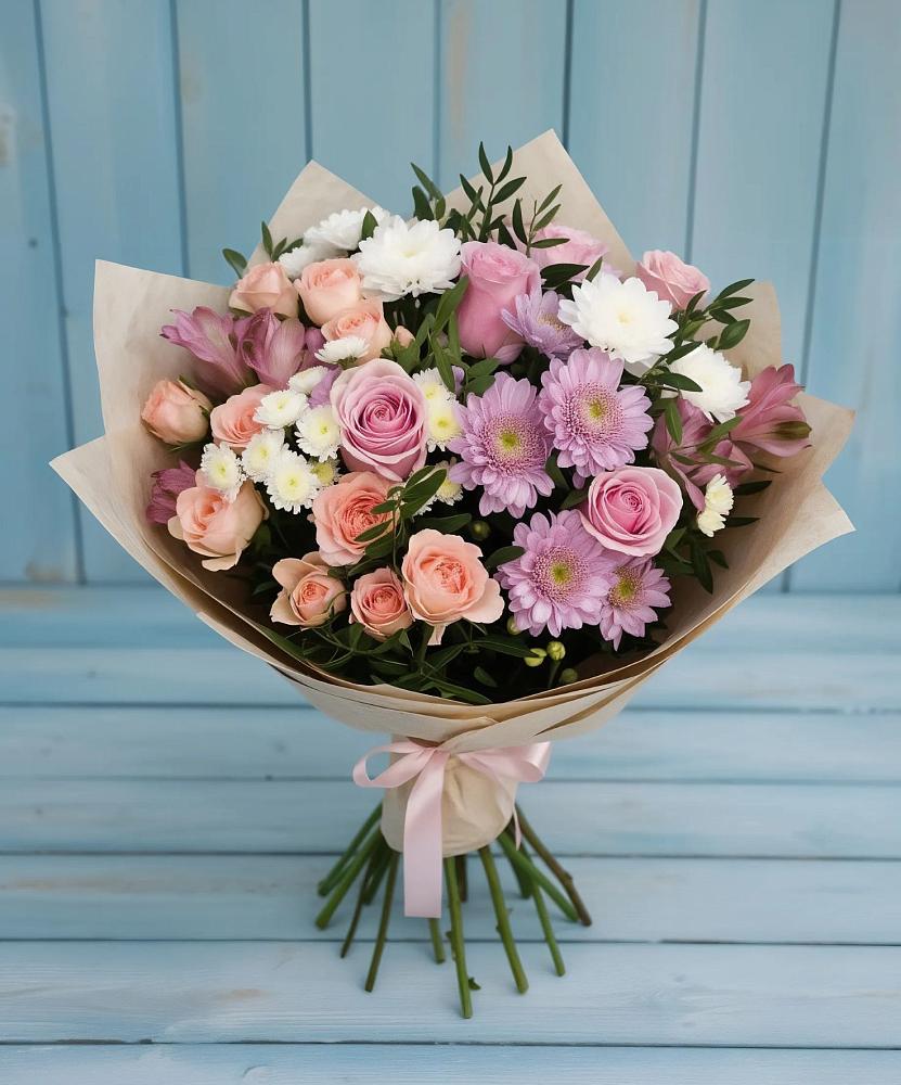 Букет цветов из: Хризантемы, Розы и Альстромерии в Гончарку