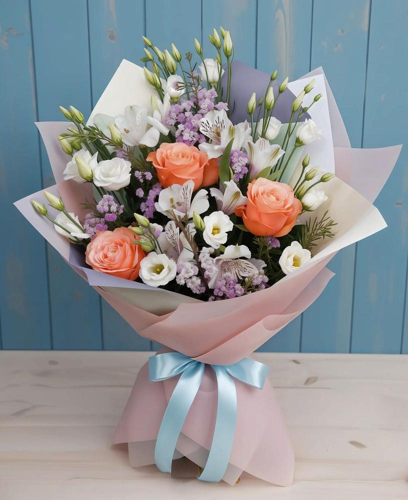 Букет цветов из: Лизиантусы, Розы, Альстромерии и Гипсофила в Гончарку