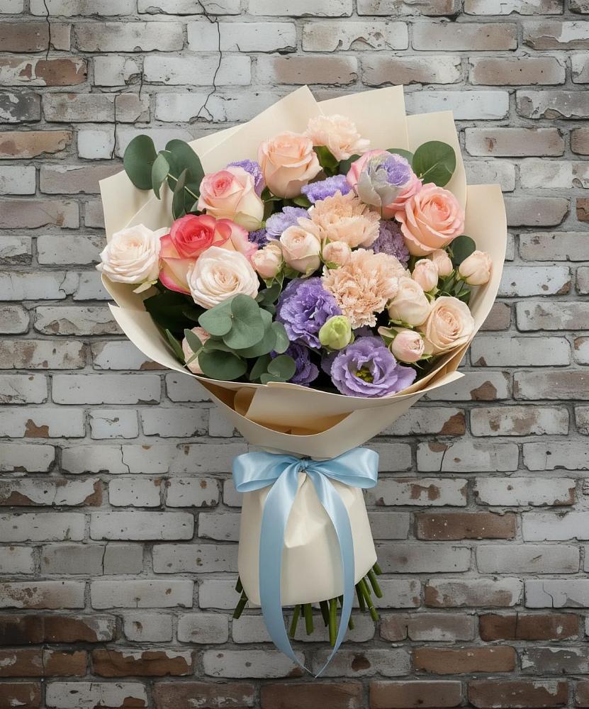 Букет цветов из: Розы, Лизиантусы и Гвоздики в Гончарку