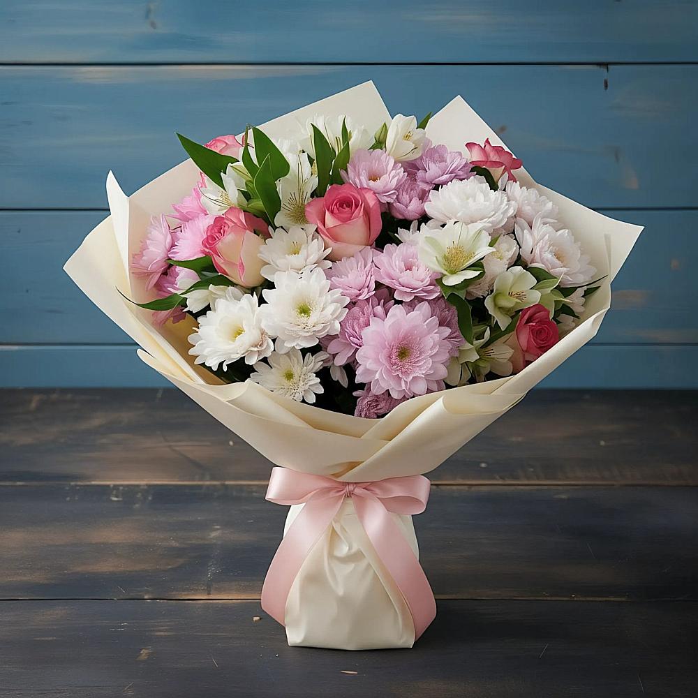 Букет цветов из: Хризантемы, Альстромерии и Розы в Гончарку